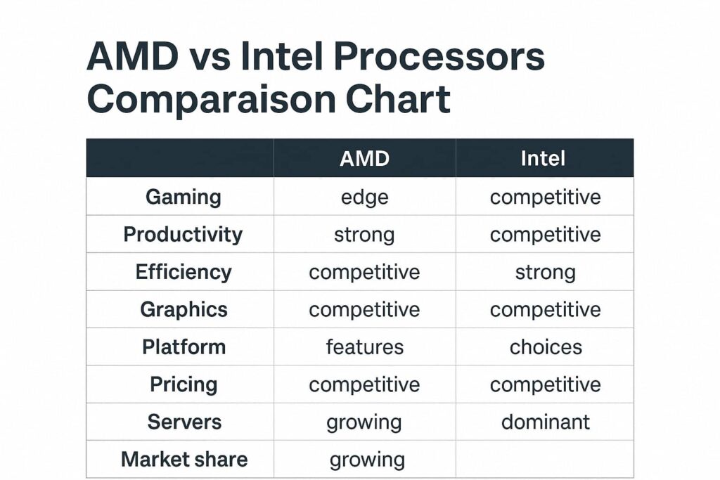 AMD vs Intel Processors Comparison Chart
AMD processors deliver excellent multi-core performance, better value, and efficiency for creators, while Intel shines with strong single-core speeds, gaming edge, and stability. The choice depends on your needs—AMD suits multitasking and budget, while Intel excels in high-performance gaming.
